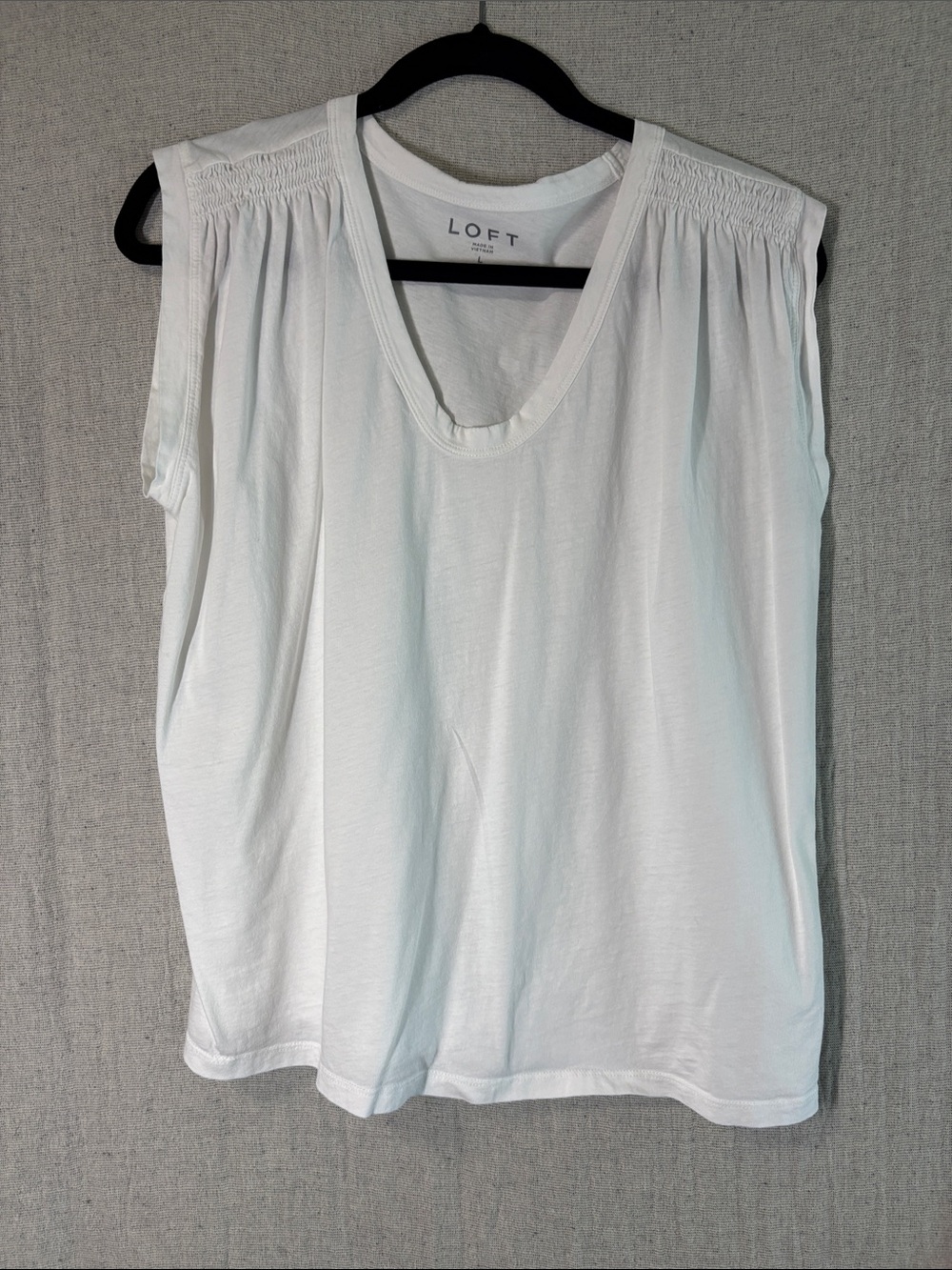 LOFT White Sleeveless Smocked-Shoulder Tank Top